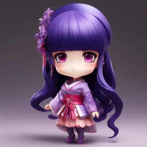 photoRealstic、Doll standing in front of the painting(nendroid)、A smile、Water droplets on the cheeks、In a cute pose、watercolor Nendoroid、(High Definition Figure)、Flowing iridescent silk、up of face、Eye Up、Komono、Kimono、There are also flowers in front of the nendroids、flower petals、season!!: 夏天☀ 🍂