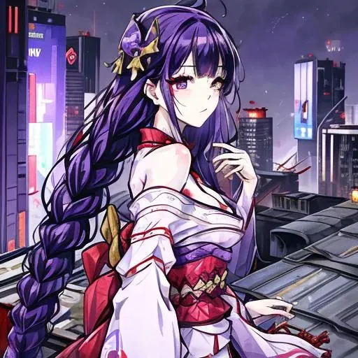 detailed clothes, white clothes, blunt bangs, braid, (breasts:1.1), cleavage, wide-sleeved kimono, hair ornament, white japanese clothes, (red obi:1.4), (purple hair:1.4), very long hair, straight hair, detailed face, cool face, (smooth chin:0.85), closed mouth, long eyelashes, sharp eyes, looking at viewer, beautiful eyes, detailed eyes, thick eyebrows, red eyeshadow, symmetry eyes, (ulzzang-6500:0.7), skirt, (from below:1.1), (cyberpunk city:1.4), from side, (rooftop:1.5), (star \(sky\):1.3), photon mapping, physically-based rendering, RAW photo, highly detailed background, high res, perspective,<lora:raidenShogunRealistic_raidenshogun:0.6>,<lora:Moxin_10:0.6>