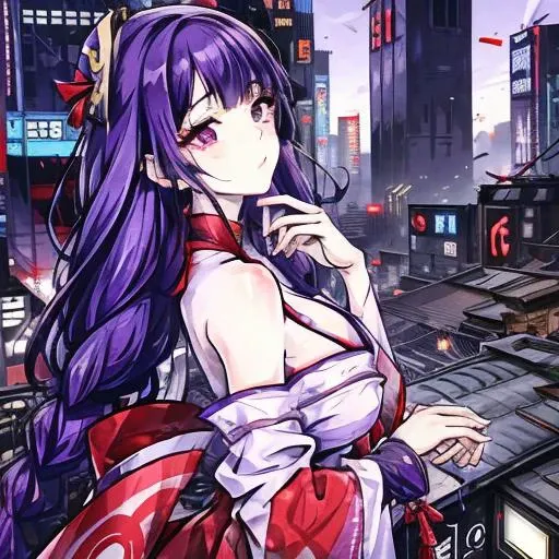 detailed clothes, white clothes, blunt bangs, braid, (breasts:1.1), cleavage, wide-sleeved kimono, hair ornament, white japanese clothes, (red obi:1.4), (purple hair:1.4), very long hair, straight hair, detailed face, cool face, (smooth chin:0.85), closed mouth, long eyelashes, sharp eyes, looking at viewer, beautiful eyes, detailed eyes, thick eyebrows, red eyeshadow, symmetry eyes, (ulzzang-6500:0.7), skirt, (from below:1.1), (cyberpunk city:1.4), from side, (rooftop:1.5), (star \(sky\):1.3), photon mapping, physically-based rendering, RAW photo, highly detailed background, high res, perspective,<lora:raidenShogunRealistic_raidenshogun:0.6>,<lora:Moxin_10:0.6>