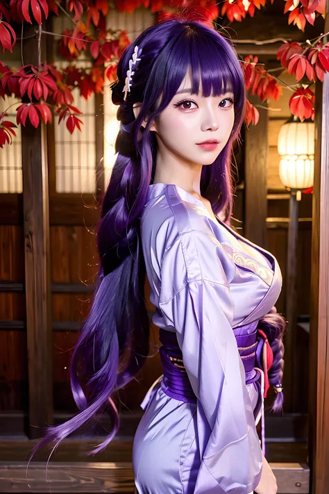 Raw photo, Best quality, ultra high res, 8k, photography, masterpiece, 1girl, raiden shogun \(genshin impact\), blunt bangs, braid, wide sleeves, hair ornament, purple kimono, red obi, (purple hair:1.2), very long hair, straight hair, highly detailed background,ancient east asian architecture, (photo realistic:1.4), detailed eyes, detailed skin, red eyeshadow, body sideview, symmetry eyes, (solo:1.5), big breast, cleavage, high detailed, photographed with a nikon d850, Nikon AF-S nikkor 58mm f/1.4G lens, <lora:raidenShogunRealistic_raidenshogunHandsfix:0.6>, <lora:Korean-doll-likeness:0.6>