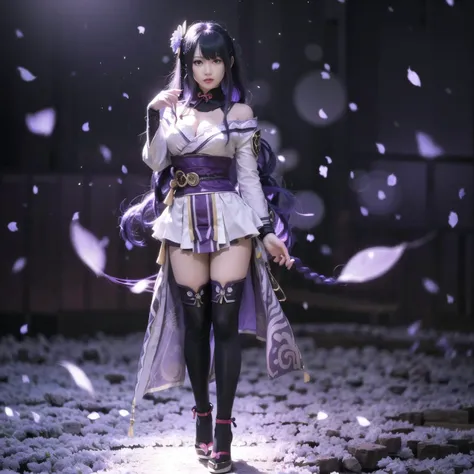 (((raw photo,8k))),(photorealistic:1.3),(masterpiece), (best quality), ultra high res, (best illustration), photon mapping,radiosity,best shadow,close-up to face,portrait,(((natural light))),backlighting,(solo:1.5),1girl,(long purple hair,single braid,blunt bangs),purple head ornament,beautiful detailed purple eyes,blush,light smile,closed mouth,medium breasts,((cleaveage cutout)),purple kimono,thighs,black thighhighs,high heels.looking at viewer,smooth,(bokeh:1.4),standing, full body, <lora:raidenShogunRealistic_raidenshogun:0.6>, <lora:japaneseDollLikeness_v10:0.3> EasyNegative