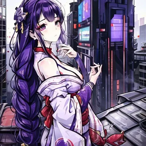 detailed clothes, white clothes, blunt bangs, braid, (breasts:1.1), cleavage, wide-sleeved kimono, hair ornament, white japanese clothes, (red obi:1.4), (purple hair:1.4), very long hair, straight hair, detailed face, cool face, (smooth chin:0.85), closed mouth, long eyelashes, sharp eyes, looking at viewer, beautiful eyes, detailed eyes, thick eyebrows, red eyeshadow, symmetry eyes, (ulzzang-6500:0.7), skirt, (from below:1.1), (cyberpunk city:1.4), from side, (rooftop:1.5), (star \(sky\):1.3), photon mapping, physically-based rendering, RAW photo, highly detailed background, high res, perspective,<lora:raidenShogunRealistic_raidenshogun:0.6>,<lora:Moxin_10:0.6>