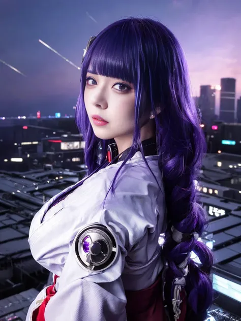 RaidenShogun, detailed clothes, white clothes, blunt bangs, braid, (large breasts:1.4), (backboob:1.4), cleavage, wide-sleeved kimono, hair ornament, white japanese clothes, (red obi:1.4), (purple hair:1.4), very long hair, straight hair, PureErosFace_V1, [:(detailed face:1.2):0.2], cool face, (smooth chin:0.85), closed mouth, long eyelashes, sharp eyes, looking at viewer, beautiful eyes, detailed eyes, thick eyebrows, red eyeshadow, symmetry eyes, (ulzzang-6500:0.7), skirt, (from below:1.1), (cyberpunk city:1.4),  (on back:1.5), (rooftop:1.5), (star \(sky\):1.3),
photon mapping, physically-based rendering, RAW photo, highly detailed background, (photo realistic:1.35), high res, perspective, <lora:raidenshogun.jhMD:0.65>, <lora:japaneseDollLikeness_v10:0.32>