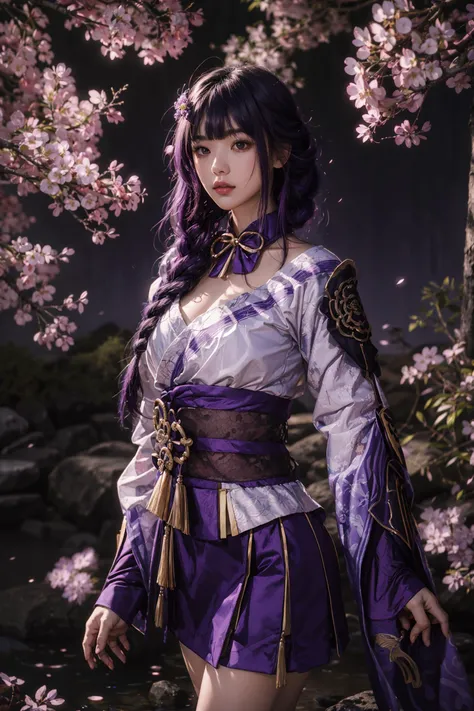 (4k, best quality, highres, absurdres, masterpiece:1.21), detailed and intricate, cinema lighting, wide shot, (realistic:1.2),
1girl, purple hair, blunt bangs, braid, purple eyes, shiny skin,
raiden shogun(genshin impact),
wide sleeves, hair ornament, purple shirt, skirt, red obi,
outdoors, wild, mountain, courtyard, cherry blossoms, pond,
<lora:add_detail:0.3>, <lora:RaidenShogun-hands:0.6>
