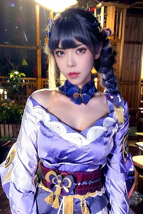 ((<lora:raidenShogunRealistic_raidenshogun:0.7>,(Face:<lora:mikuya_v15:0.9>))4K,detailed clothes, white clothes, blunt bangs, braid, (Ecup,large breasts :1.2), big cleavage, Expose breast,wide-sleeved kimono, hair ornament, (wide sleeves:1.2), japan hair ornament, lilac kimono,Red belt,(Dark purple, fan pattern, gold-trimmed sleeves), (Dark blue hair:1.4), very long hair, straight hair, (Correct facialstructure),detailed face, cool face, (smooth chin:0.85), closed mouth,(looking at viewer), beautiful eyes, detailed eyes, thick eyebrows, (Red eyeshadow:0.01,Symmetric eyeshadow), symmetry eyes, Correct eyestructure,(ulzzang-6500:0.7), skirt,(Put your hands and arms behind your body), (Viewed from the side:1.1),There are many ,((Behind the body),natural scenery:1.1), from side, night,(star \(sky\):1.3), The sky is thundering,RAW photo, highly detailed background, (photo realistic:1.35), high res, perspective,full body,Real skin, good skin,