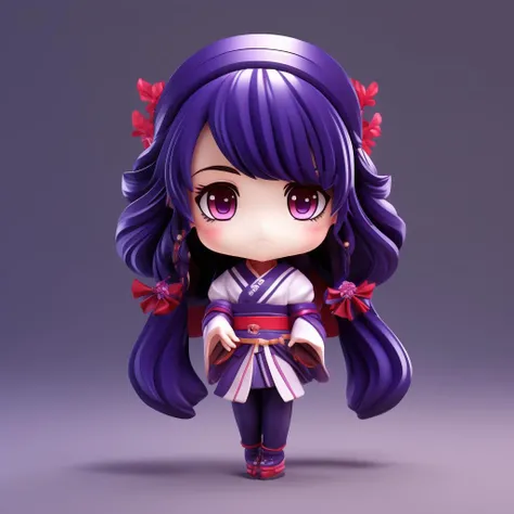 ((chibi figure)), <lora:figure_chibi:0.8>, <lora:RaidenShogun-hands:0.6>, 1girl, blunt bangs, braid, wide sleeves, hair ornament, japanese clothes, red obi, purple hair, very long hair, straight hair, detailed eyes, red eyeshadow, symmetry eyes, ((mature female)), perfect face, beautiful face, colorful, beautiful eyes