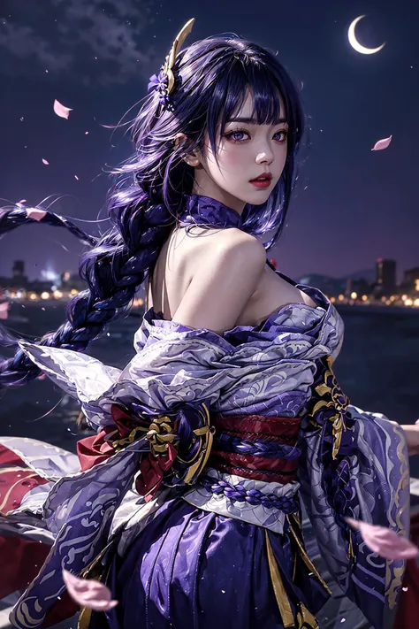 (4k, best quality, highres, absurdres, masterpiece:1.21), detailed and intricate, cinema lighting, wide shot, (realistic:1.2),
1girl, purple hair, blunt bangs, floating hair, braid, purple eyes, shiny skin, large breasts, cleavage,
raiden shogun(genshin impact), solo focus,
wide sleeves, hair ornament, purple shirt, skirt, red obi,
harbor, starry_sky, crescent, moon, backlighting, falling petals,
<lora:add_detail:0.3>, <lora:RaidenShogun-hands:0.6>