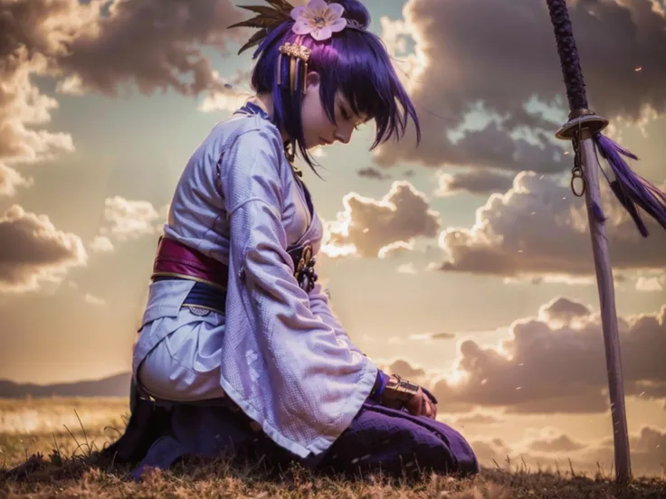 <lora:RaidenShogun-hands:0.55>,raiden shogun(genshin impact), best quality, ultra high res, (photorealistic:1.4), 1girl, kneel, closing eye, not looking at view, from side, (purple hair:1), blunt bangs, braid, wide sleeves, hair ornament, red obi, purple necklace,closing eye, in a field of grass, cloudy sky, dark sky
