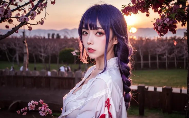 RaidenShogun, detailed clothes, white clothes, blunt bangs, braid, (medium breasts:1.4), cleavage, wide-sleeved kimono, hair ornament, white japanese clothes, (red obi:1.4), (light purple hair:1.4), very long hair, straight hair, detailed face, cool face, (smooth chin:0.85), closed mouth, long eyelashes, sharp eyes, looking at viewer, beautiful eyes, detailed eyes, thick eyebrows, red eyeshadow, symmetry eyes, skirt, (sunset:1.4), from side, (Cherry tree:1.5),photon mapping, physically-based rendering, RAW photo, highly detailed background, (photo realistic:1.35), high res, perspective, facing front,<lora:raidenShogunRealistic_raidenshogun:0.5>, <lora:lora-hanfugirl-v1-5:0.2>, <lora:koreanDollLikeness_v10:0.3>