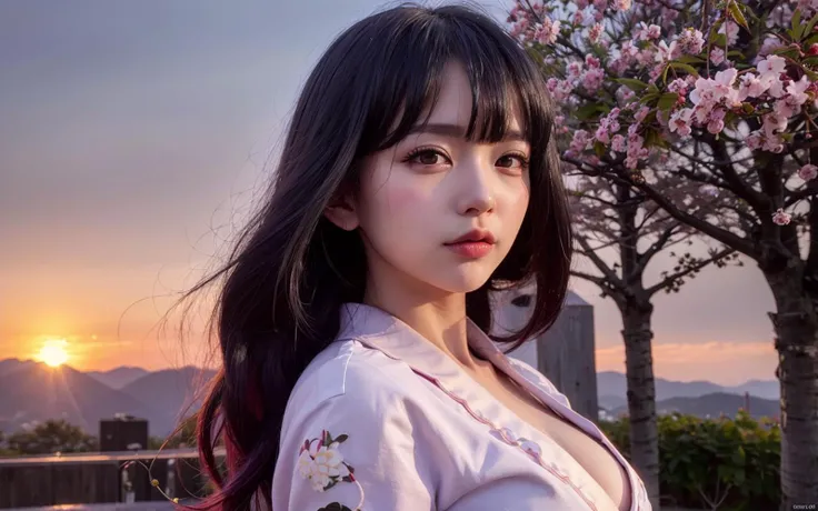 RaidenShogun, detailed clothes, white clothes, blunt bangs, braid, (medium breasts:1.4), cleavage, wide-sleeved kimono, hair ornament, white japanese clothes, (red obi:1.4), (light purple hair:1.4), very long hair, straight hair, detailed face, cool face, (smooth chin:0.85), looking at viewer, beautiful eyes, detailed eyes, skirt, (sunset:1.4), from side, (Cherry tree:1.5),photon mapping, physically-based rendering, RAW photo, highly detailed background, (photo realistic:1.35), high res, perspective, facing front,<lora:raidenShogunRealistic_raidenshogun:0.4>, <lora:koreanDollLikeness_v15:0.4> , (ulzzang-6500:0.5)