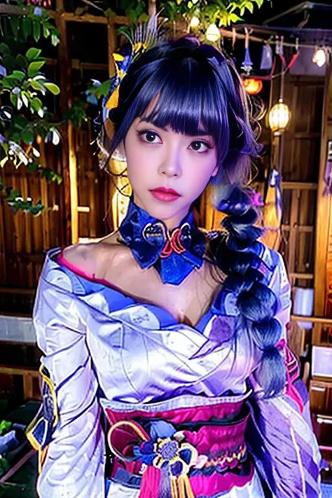 ((<lora:raidenShogunRealistic_raidenshogun:0.7>,(Face:<lora:mikuya_v15:0.9>))4K,detailed clothes, white clothes, blunt bangs, braid, (Ecup,large breasts :1.2), big cleavage, Expose breast,wide-sleeved kimono, hair ornament, (wide sleeves:1.2), japan hair ornament, lilac kimono,Red belt,(Dark purple, fan pattern, gold-trimmed sleeves), (Dark blue hair:1.4), very long hair, straight hair, (Correct facialstructure),detailed face, cool face, (smooth chin:0.85), closed mouth,(looking at viewer), beautiful eyes, detailed eyes, thick eyebrows, (Red eyeshadow:0.01,Symmetric eyeshadow), symmetry eyes, Correct eyestructure,(ulzzang-6500:0.7), skirt,(Put your hands and arms behind your body), (Viewed from the side:1.1),There are many ,((Behind the body),natural scenery:1.1), from side, (Japanese scenery:0.5),night,(star \(sky\):1.3), The sky is thundering,RAW photo, highly detailed background, (photo realistic:1.35), perspective,full body,Real skin, good skin,