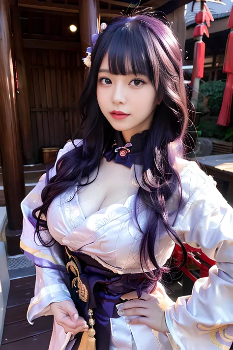 Raw photo, Best quality, ultra high res, 8k, photography, masterpiece, 1girl, raiden shogun \(genshin impact\), ((one hand on hips)), ((smile)), blunt bangs, braid, wide sleeves, hair ornament, purple kimono, red obi, (purple hair:1.2), very long hair, straight hair, highly detailed background,ancient east asian architecture, (photo realistic:1.4), detailed eyes, detailed skin, red eyeshadow, depth of field, symmetry eyes, (solo:1.5), breast, cleavage, high detailed, photographed with a nikon d850, Nikon AF-S nikkor 58mm f/1.4G lens, <lora:raidenShogunRealistic_raidenshogun:0.6>, <lora:koreanDollLikeness_v15:0.6>, <lora:japaneseDollLikeness_v10:0.4>