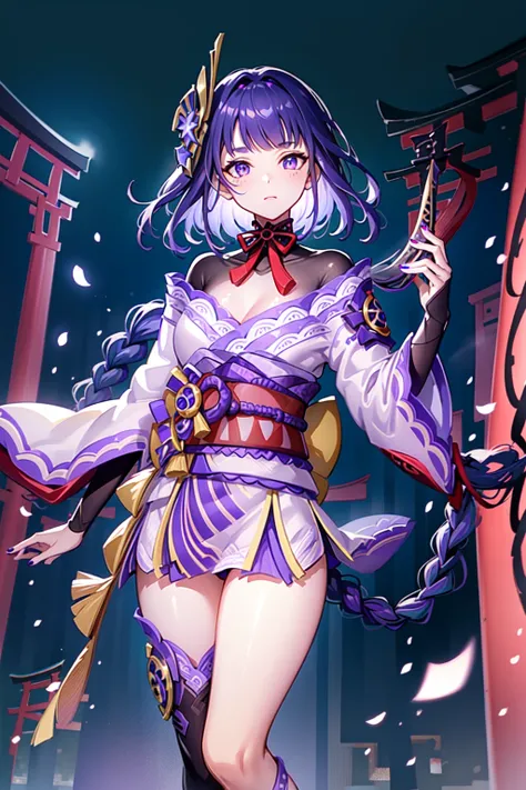 (masterpiece, finely detailed beautiful eyes: 1.2), high contrast, pastel colors, watercolor \(medium\), (illustration:1.2), 1girl, solo, (raiden shogun:1.4), purple hair, purple eyes, bangs, braid, braided ponytail, breasts, hair ornament, japanese clothes, kimono, sash,red sash , (detailed background:1.4), (torii:1.4), (thighs:1.4), volumetric lighting, hyper detailed, highly detailed, beautiful, small details, ultra detailed, best quality, intricate, sharp, digital illustration, detailed, intricate, 4k, 8k, good anatomy, beautiful lighting, award-winning, highres, (extremely detailed CG, unity, 8k wallpaper:1.1), beautiful face, highly detailed face, zoomout, colorful, vibrant colors, nail polish, (glow:1.4) <lora:raidenShogunRealistic_raidenshogun:0.5>,