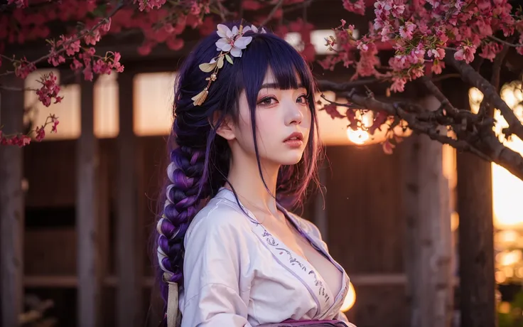 RaidenShogun, detailed clothes, white clothes, blunt bangs, braid, (medium breasts:1.4), cleavage, wide-sleeved kimono, hair ornament, white japanese clothes, (red obi:1.4), (light purple hair:1.4), very long hair, straight hair, detailed face, cool face, (smooth chin:0.85), closed mouth, long eyelashes, sharp eyes, looking at viewer, beautiful eyes, detailed eyes, thick eyebrows, red eyeshadow, symmetry eyes, skirt, (sunset:1.4), from side, (Cherry tree:1.5),photon mapping, physically-based rendering, RAW photo, highly detailed background, (photo realistic:1.35), high res, perspective, facing front,<lora:raidenShogunRealistic_raidenshogun:0.5>, <lora:lora-hanfugirl-v1-5:0.3>