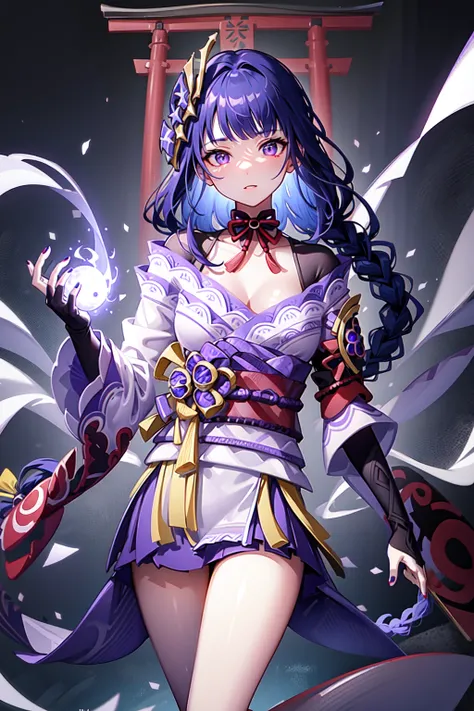 (masterpiece, finely detailed beautiful eyes: 1.2), high contrast, (illustration:1.2), 1girl, solo, (raiden shogun:1.4), purple hair, purple eyes, bangs, braid, braided ponytail, breasts, hair ornament, japanese clothes, kimono, sash,red sash , (detailed background:1.4), (torii), (thighs:1.4), volumetric lighting, hyper detailed, highly detailed, beautiful, small details, ultra detailed, best quality, intricate, sharp, digital illustration, detailed, realism, intricate, 4k, 8k, trending on artstation, good anatomy, beautiful lighting, award-winning,  highres, (extremely detailed CG, unity, 8k wallpaper:1.1), beautiful face, highly detailed face, zoomout, colorful, vibrant colors, nail polish, (glow:1.4)  <lora:raidenShogunRealistic_raidenshogun:0.5>,