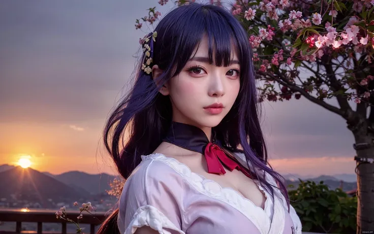 RaidenShogun, detailed clothes, white clothes, blunt bangs, braid, (medium breasts:1.4), cleavage, wide-sleeved kimono, hair ornament, white japanese clothes, (red obi:1.4), (light purple hair:1.4), very long hair, straight hair, detailed face, cool face, (smooth chin:0.85), looking at viewer, beautiful eyes, detailed eyes, skirt, (sunset:1.4), from side, (Cherry tree:1.5),photon mapping, physically-based rendering, RAW photo, highly detailed background, (photo realistic:1.35), high res, perspective, facing front,<lora:raidenShogunRealistic_raidenshogun:0.5>,  <lora:koreanDollLikeness_v15:0.4> , (ulzzang-6500:0.4)