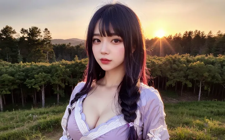 RaidenShogun, detailed clothes, white clothes, blunt bangs, braid, (medium breasts:1.4), cleavage, wide-sleeved kimono, hair ornament, white japanese clothes, (red obi:1.4), (light purple hair:1.4), very long hair, straight hair, detailed face, cool face, (smooth chin:0.85), looking at viewer, beautiful eyes, detailed eyes, skirt, (sunset:1.4), from side, (forest:1.5),photon mapping, physically-based rendering, RAW photo, highly detailed background, (photo realistic:1.35), high res, perspective, facing front,<lora:raidenShogunRealistic_raidenshogun:0.45>, <lora:koreanDollLikeness_v15:0.6> , (ulzzang-6500:0.5)