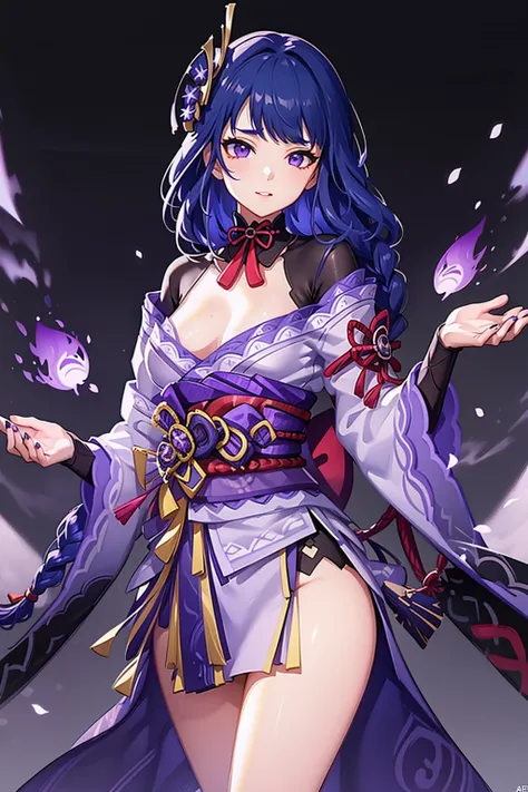 (masterpiece, finely detailed beautiful eyes: 1.2), high contrast, (illustration:1.2), 1girl, solo, (raiden shogun:1.4), purple hair, purple eyes, bangs, braid, braided ponytail, breasts, hair ornament, japanese clothes, kimono, sash,red sash , (detailed background:1.4), (torii), (thighs:1.4), volumetric lighting, hyper detailed, highly detailed, beautiful, small details, ultra detailed, best quality, intricate, sharp, digital illustration, detailed, realism, intricate, 4k, 8k, trending on artstation, good anatomy, beautiful lighting, award-winning,  highres, (extremely detailed CG, unity, 8k wallpaper:1.1), beautiful face, highly detailed face, zoomout, colorful, vibrant colors, nail polish, (glow:1.4)  <lora:raidenShogunRealistic_raidenshogun:0.5>,