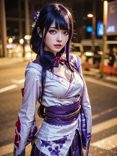 masterpiece,best quality, highres, (a busy city street in a modern city:1.4), cinematic lighting,1girl, RaidenShogun, detailed clothes, white clothes, blunt bangs, braid, (medium breasts:1.3),(breasts out:1.3),cleavage, wide-sleeved kimono, (hair ornament:1.3), white japanese clothes, (red obi:1.4), (purple hair:1.4), very long hair, straight hair, detailed face, cool face, (smooth chin:0.85), closed mouth, long eyelashes, sharp eyes, [looking at viewer|looking back|looking to the side] ,beautiful eyes, detailed eyes, thick eyebrows, red eyeshadow, symmetry eyes, skirt, [arms behind back|hands on own chest], highly detailed background,(photo realistic:1.35),dappled sunlight,[from side|from behind|from below],