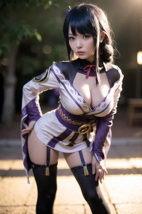 (((raw photo,8k))),(photorealistic:1.3),(masterpiece), (best quality), ultra high res, (best illustration), photon mapping,radiosity,best shadow,close-up to face,portrait,(((natural light))),backlighting,(solo:1.5),1girl,(long purple hair,single braid,blunt bangs),purple head ornament,beautiful detailed purple eyes,medium breasts,((cleaveage cutout)),purple kimono,thighs,black thighhighs,high heels.looking at viewer,smooth,(bokeh:1.4), photographed with a nikon d850, Nikon AF-S nikkor 58mm f/1.4G lens,<lora:raidenShogunRealistic_raidenshogun:0.6>