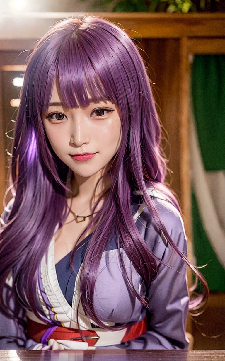 A close up of a woman with long purple hair sitting at a table - SeaArt AI