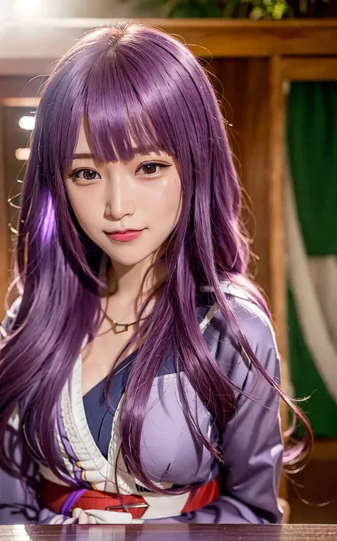 1girl, portreit,selphi,RaidenShogun,(smile:1.2), blunt bangs, braid,((wide-sleeved kimono, purple long kimono)), hair ornament, (red obi:1.2), (purple hair:1.2), very long hair, straight hair, (full purple pantyhose:1.2), masterpiece, best quality, cinematic lighting, forest,  grass,   <lora:raidenShogunLora_raidenShogun:0.8> <lora:koreanDollLikenesss_v10:0.6>