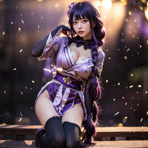 (((raw photo,8k))),(photorealistic:1.3),(masterpiece), (best quality), ultra high res, (best illustration), photon mapping,radiosity,best shadow,stand,full-body shot,portrait,(((natural light))),backlighting,(solo:1.5),1girl,(long purple hair,single braid,blunt bangs),purple head ornament,beautiful detailed purple eyes,blush,light smile,closed mouth,medium breasts,((cleaveage cutout)),purple kimono,thighs,black thighhighs,high heels.looking at viewer,smooth,(bokeh:1.4),minecraft,forest, , photographed with a nikon d850, Nikon AF-S nikkor 58mm f/1.4G lens,<lora:raidenShogunRealistic_raidenshogun:0.6>, <lora:japaneseDollLikeness_v10:0.3>, <lora:koreanDollLikeness_v15:0.3>