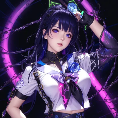 phot realistic, best quality, masterpiece, looking at viewer, 1girl, beautiful hair, beautiful detailed eyes, crop top (white shirt, blue neckerchief, serafuku, short sleeves, black plated skirt), medium breasts, perfect lighting, night, detailed background, dark background, roses, red roses, white roses, ambers, glowing ambers, glow, neon lights, (blacklight:1.4), <lora:Blacklight_v1:1>, <lora:animeTarotCardArtStyleLora_v20Offset:0.3>,<lora:seeThroughSilhouette_v10:0.5>, <lora:raidenShogunRealistic_raidenshogunHandsfix:0.5>,