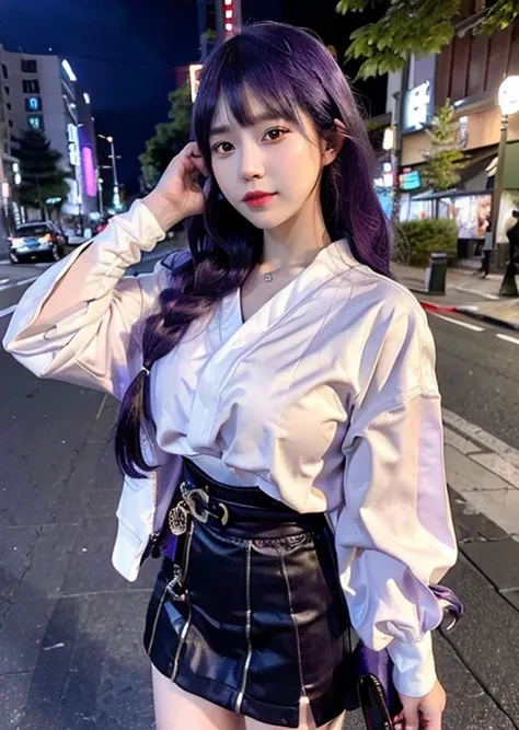 <lora:raidenShogunRealistic_raidenshogunHandsfix:0.55><lora:taiwanDollLikeness_v10:0.2>, <lora:japaneseDollLikeness_v10:0.2>, <lora:koreanDollLikeness_v15:0.5> best quality, ultra high res, (photorealistic:1.4), 1girl, cool face, solo focus, (full body), (purple hair:1), blunt bangs, braid, wide sleeves, hair ornament, white shirt, skirt, red obi, Tokyo Street, night, holding bag, purple necklace,