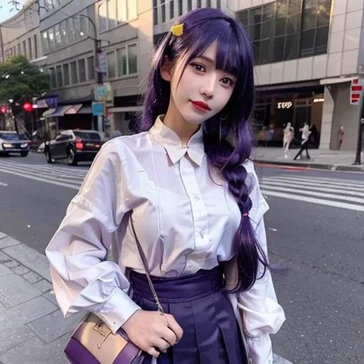 <lora:raidenShogunRealistic_raidenshogunHandsfix:0.55><lora:taiwanDollLikeness_v10:0.2>, <lora:Japanese-doll-likeness:0.2>, <lora:koreanDollLikeness_v15:0.5> best quality, ultra high res, (photorealistic:1.4), 1girl, cool face, solo focus, (full body), (purple hair:1), blunt bangs, braid, wide sleeves, hair ornament, white shirt, skirt, red obi, Tehran Street, holding bag, purple necklace, hijab