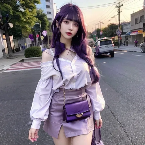 <lora:raidenShogunRealistic_raidenshogunHandsfix:0.55><lora:taiwanDollLikeness_v10:0.2>, <lora:Japanese-doll-likeness:0.2>, <lora:koreanDollLikeness_v15:0.5> best quality, ultra high res, (photorealistic:1.4), 1girl, cool face, solo focus, (full body), (purple hair:1), blunt bangs, braid, wide sleeves, hair ornament, white shirt, skirt, red obi, Tehran Street, holding bag, purple necklace,