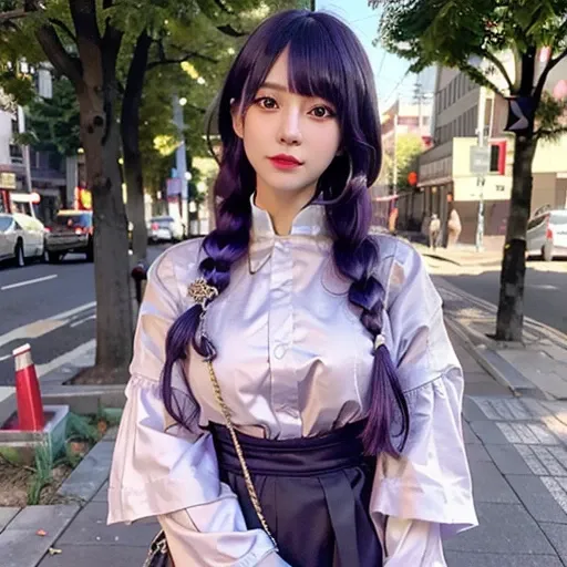<lora:raidenShogunRealistic_raidenshogunHandsfix:0.55><lora:taiwanDollLikeness_v10:0.2>, <lora:Japanese-doll-likeness:0.2>, <lora:koreanDollLikeness_v15:0.5> best quality, ultra high res, (photorealistic:1.4), 1girl, cool face, solo focus, (full body), (purple hair:1), blunt bangs, braid, wide sleeves, hair ornament, white shirt, skirt, red obi, Tehran Street, holding bag, purple necklace,
