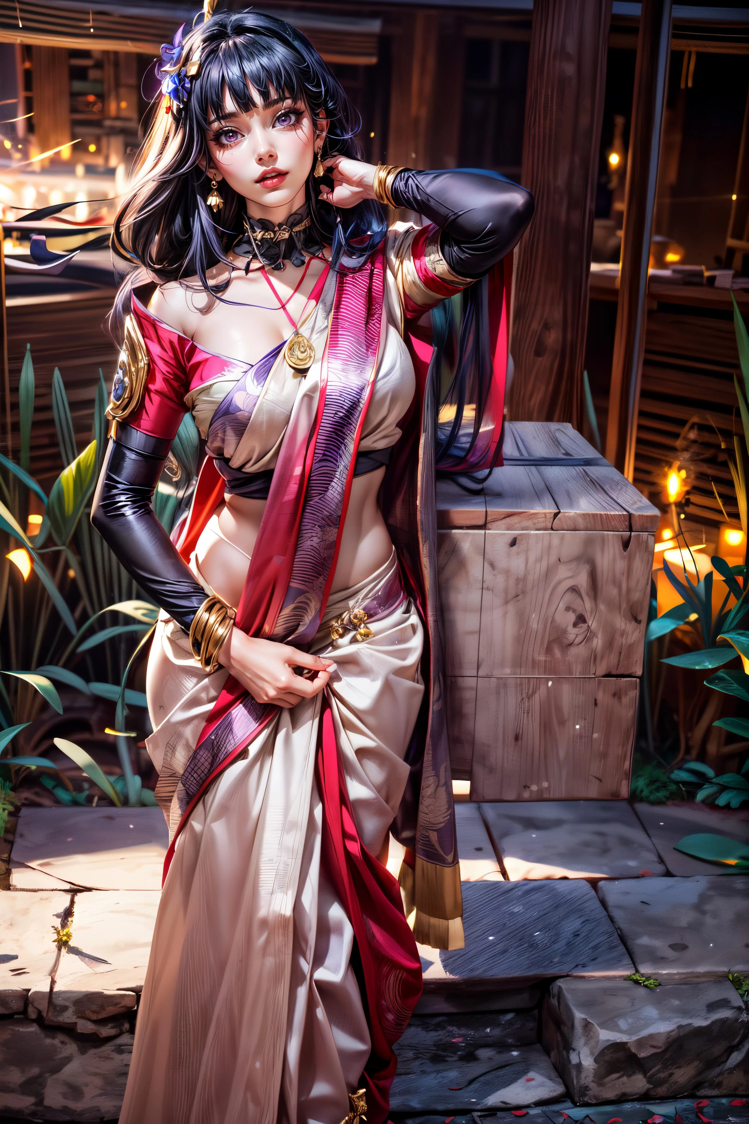 (saree:1.5), ((fireworks in the background, magical, blunt bangs, braid, hair ornament, (red:0.7) obi, (purple hair:0.95), very long hair, looking at viewer, (photorealistic:1.3), detailed eyes, red eyeshadow, depth of field))
((confident pose, erotic pose, strapless, bindi, jewelry, necklace, cinematography, chiaroscuro, feminine, exotic beauty, european girl, magic, fantasy)),
action, dynamic, adventure, motion blur, large breasts, shiny skin, fit, athletic, <lora:shinyskin_v7:0.2> <lora:add_detail:1.2> <lora:RaidenShogun-hands:0.5>