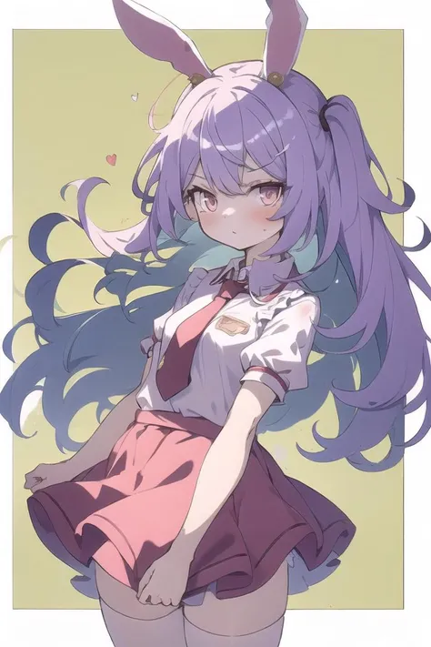 masterpiece, best quality, 1girl, animal_ears, black_border, cowboy_shot, frilled_skirt, frills, letterboxed, long_hair, looking_at_viewer, necktie, pillarboxed, pink_skirt, puffy_short_sleeves, puffy_sleeves, purple_hair, rabbit_ears, red_eyes, red_necktie, reisen_udongein_inaba, shirt, short_sleeves, simple_background, skirt, solo, very_long_hair,