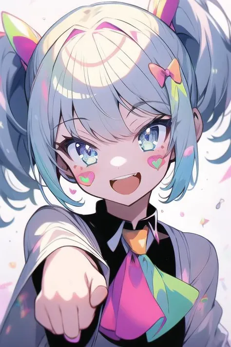 masterpiece, best quality,1girl, ascot, bangs, blue_eyes, blush_stickers, bow, eyebrows_visible_through_hair, hair_between_eyes, looking_at_viewer, medium_hair, open_mouth, pointing, pointing_at_viewer, simple_background, smile, solo, sunny_milk, teeth