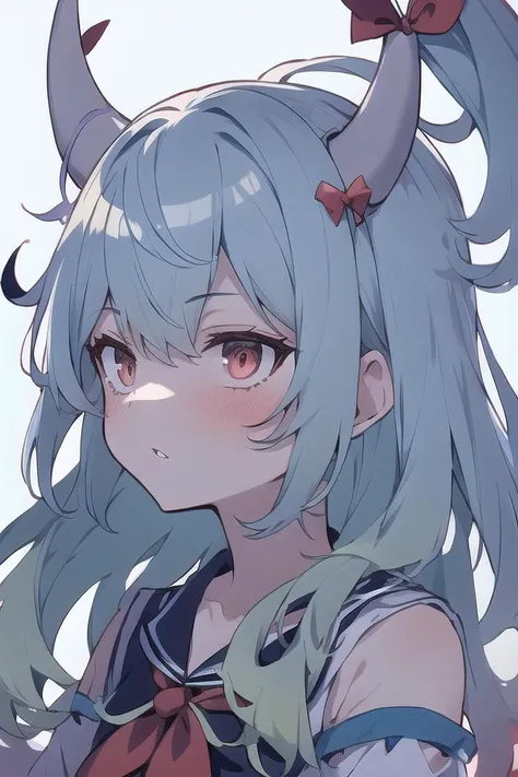 masterpiece, best quality, 1girl, bangs, blue_background, dress, ex-keine, gradient, gradient_background, green_dress, green_hair, horn_ornament, horn_ribbon, horns, kamishirasawa_keine, long_hair, messy_hair, parted_lips, red_bow, red_eyes, red_neckwear, red_ribbon, ribbon, solo