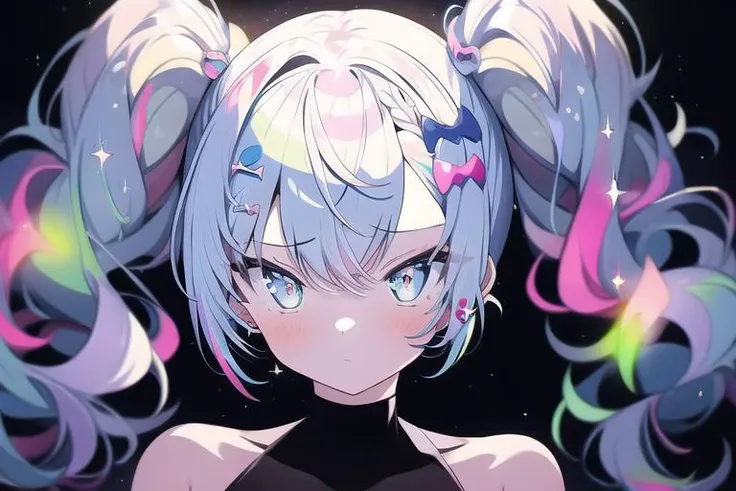 1girl, 
amane kanata,  
solo, gloves, purple eyes, blue background, virtual youtuber, wings, black gloves, hair bun, long hair, multicolored hair, looking at viewer, grey hair, hair between eyes, simple background, streaked hair, black dress, o-ring, bare shoulders, bangs, dress, hair ornament, open mouth, double bun, smile, upper body, jewelry, halo, blue hair, earrings, feathered wings, collar, sleeveless, sleeveless dress, hairclip, pink hair, chain, crossed bangs, frills, hair over one eye, official alternate costume, high collar, frilled collar, star halo, black collar, blue theme, star \(symbol\), eyes visible through hair, star hair ornament, 
score_9, score_8_up, score_7_up, score_6_up
 <lora:solaXLP6_lokr_V4236:0.95>