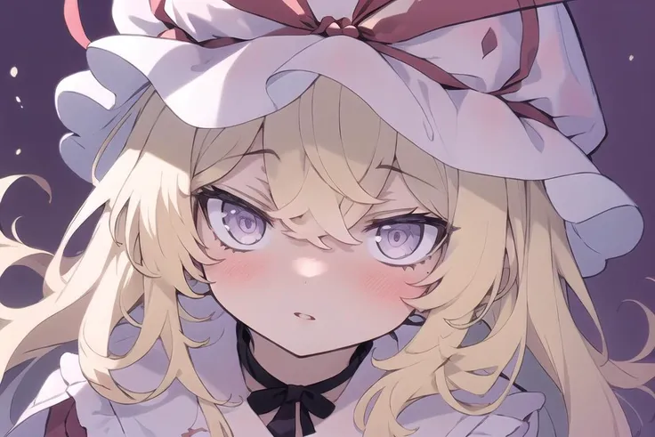 masterpiece, best quality, 1girl, bangs, blonde_hair, dress, hair_between_eyes, hat, hat_ribbon, long_hair, looking_at_viewer, mob_cap, parted_lips, purple_background, purple_eyes, red_ribbon, ribbon, sidelocks, solo, yakumo_yukari