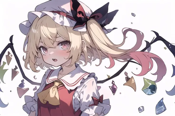 masterpiece, best quality, 1girl, ascot, blonde_hair, crystal, flandre_scarlet, hat, hat_bow, hat_ribbon, looking_at_viewer, mob_cap, one_side_up, open_mouth, puffy_short_sleeves, puffy_sleeves, red_eyes, red_skirt, red_vest, ribbon, shirt, short_sleeves, simple_background, skirt, skirt_set, solo, upper_body, vest, white_background, white_headwear, white_pupils, wings, yellow_ascot