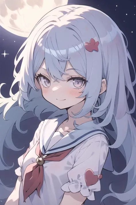 masterpiece, best quality, 1girl, blue_background, blue_hair, closed_mouth, dress, full_moon, kamishirasawa_keine, long_hair, looking_at_viewer, moon, puffy_short_sleeves, puffy_sleeves, sailor_collar, short_sleeves, smile, solo, upper_body