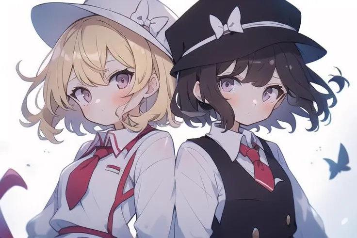 masterpiece, best quality,2girls, black_headwear, black_skirt, blonde_hair, bow, brown_eyes, brown_hair, dress, hair_bow, hat, long_sleeves, looking_at_viewer, maribel_hearn, mob_cap, multiple_girls, necktie, purple_dress, purple_eyes, ribbon, shirt, short_hair, simple_background, skirt, usami_renko, white_background, white_bow, white_ribbon, white_shirt