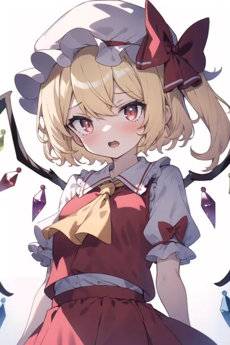 masterpiece, best quality,1girl, ascot, blonde_hair, crystal, flandre_scarlet, hat, hat_bow, hat_ribbon, looking_at_viewer, mob_cap, one_side_up, open_mouth, puffy_short_sleeves, puffy_sleeves, red_eyes, red_skirt, red_vest, ribbon, shirt, short_sleeves, simple_background, skirt, skirt_set, solo, upper_body, vest, white_background, white_headwear, white_pupils, wings, yellow_ascot