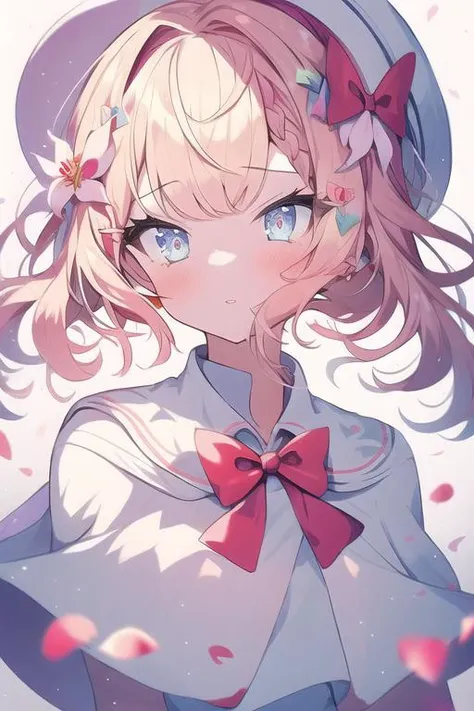 masterpiece, best quality,1girl, bangs, blonde_hair, blue_eyes, bow, bowtie, capelet, cherry_blossoms, dress, eyebrows_visible_through_hair, fairy, fairy_wings, falling_petals, hat, lily_white, long_hair, parted_lips, petals, red_bow, red_bowtie, rose_petals, simple_background, solo, spring_\(season\), upper_body, white_background, white_capelet, white_dress, white_headwear, wings