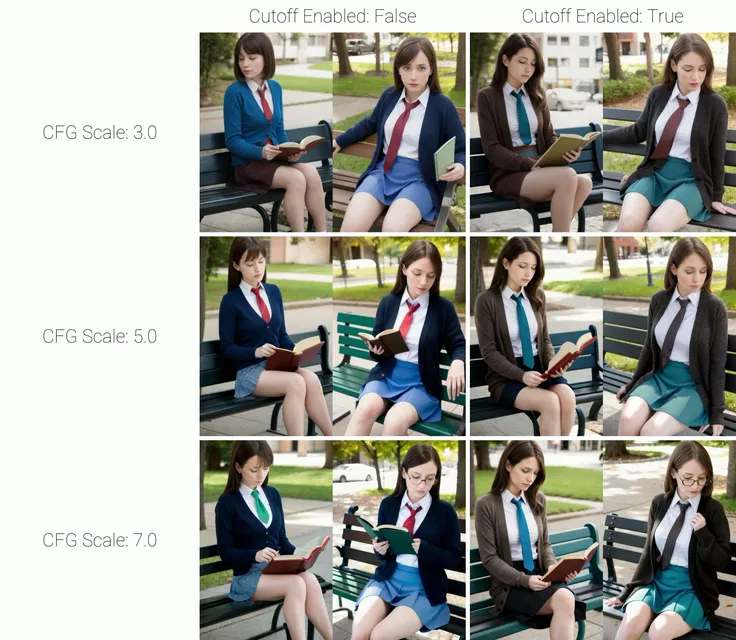 blue skirt, white shirt, black cardigan, red necktie, green book, brown hair, woman sitting on the bench, reading book