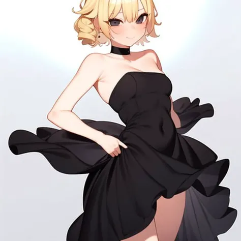 a cute girl, black strapless dress, blonde yellow hair, curly hair, black eyes,