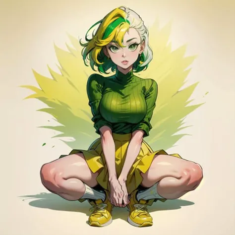 a cute girl, Green blouse, Yellow shoes, Green hair, Green eyes, Yellow skirt