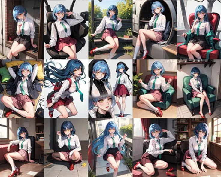 a cute girl, white shirt with green tie, red shoes, blue hair, yellow eyes, pink skirt