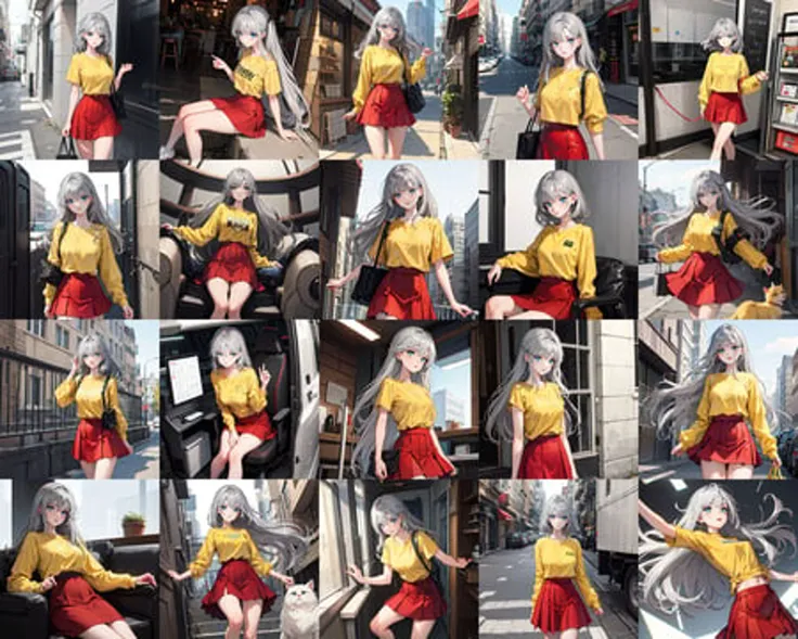 1girl, yellow shirt, red skirt, blue eyes, gray hair