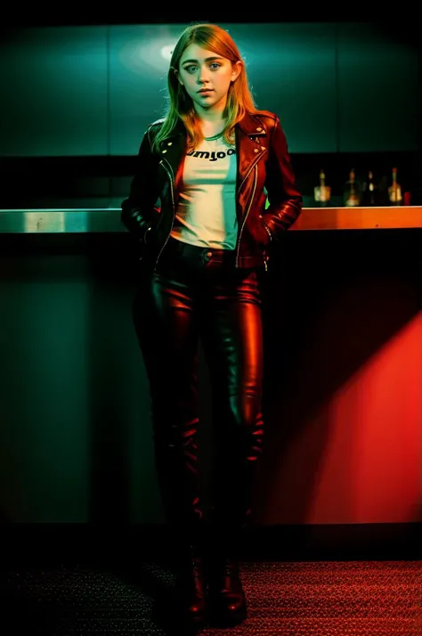 RAW photograph, tv_Generic_25yo_Dane, , hard expression, wearing biker boots, wearing detailed leather pants, wearing a band t-shirt, wearing a leather jacket, standing at the bar in a biker bar, shot from the side,,