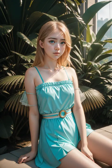 Super delicate cute girl wearing a dress with green layered blonde hair. 8K ultra-high image quality, delicate texture, background of tall buildings